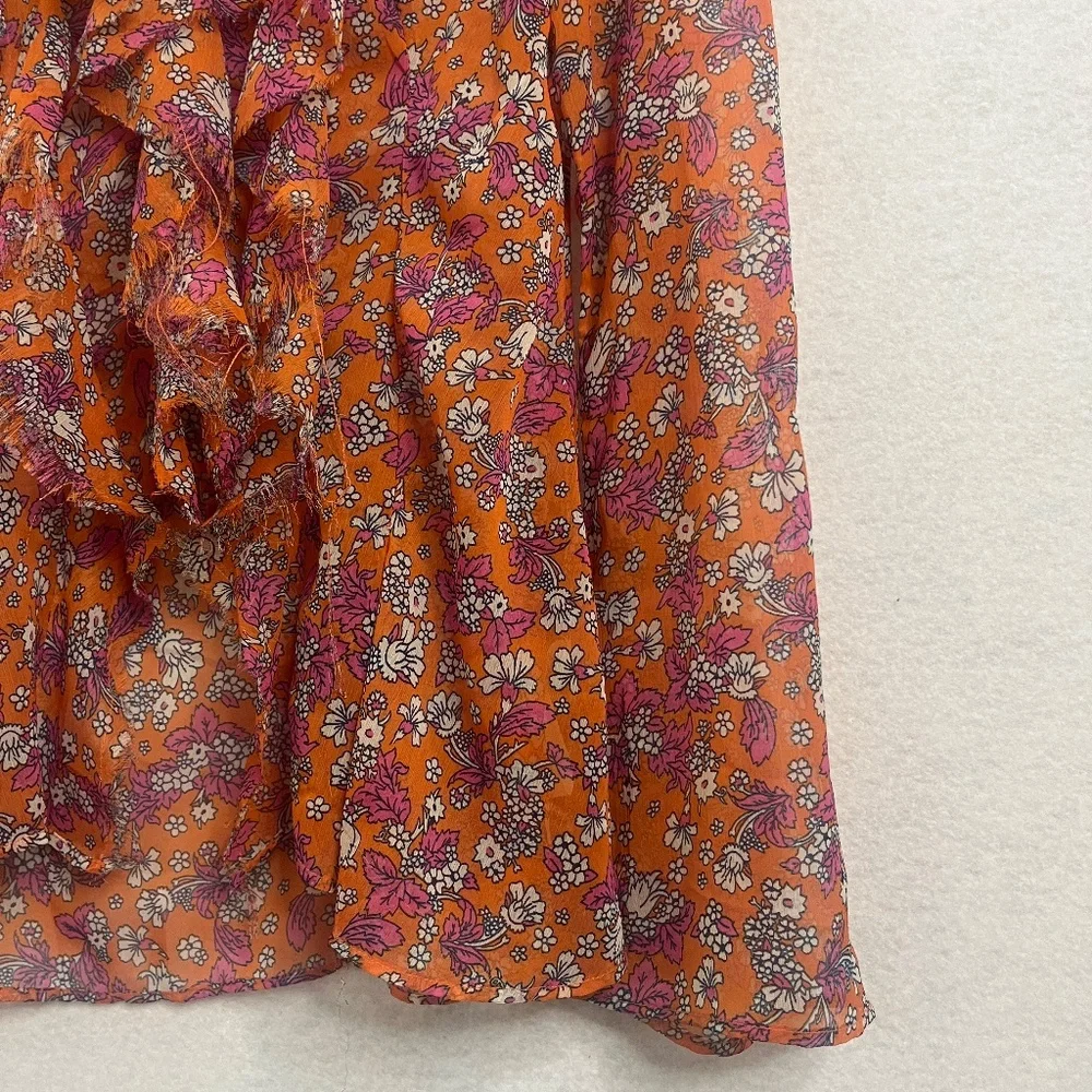Free People Orange Floral Sheer Ruffle Boho Blouse Medium - Picture 7 of 7